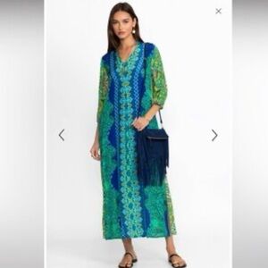 Johnny Was Silk Kahinu Kaftan Boho Arstsy Maxi Dress Blue Green V Neck XS NWT